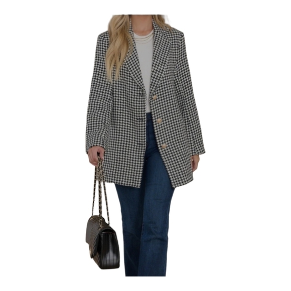 Aura No Bad Angles Oversized Houndstooth Wool Blend Gold‎ Button Blazer Size M - Picture 1 of 13